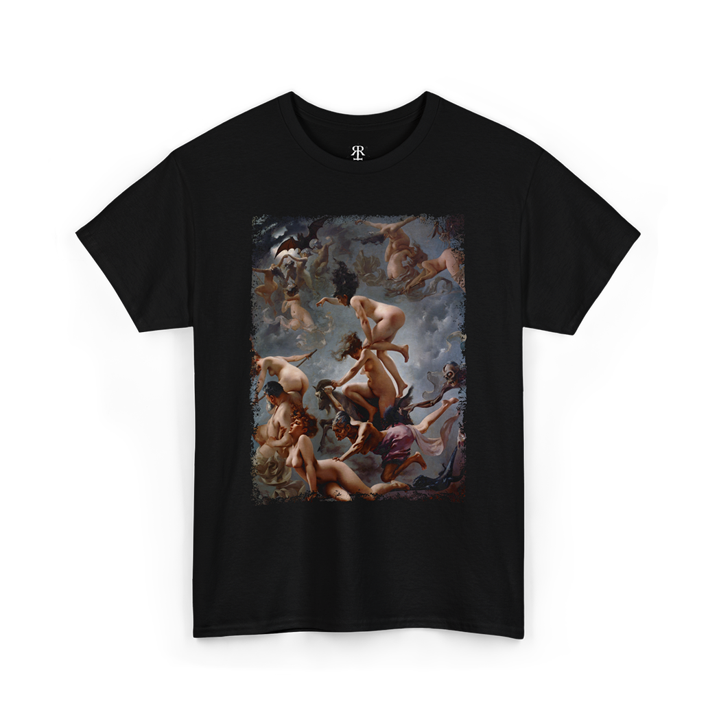 Black t-shirt showing Luis Ricardo Falero Witches Going to their Sabbath painting