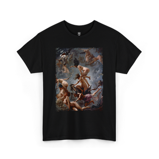 Black t-shirt showing Luis Ricardo Falero Witches Going to their Sabbath painting