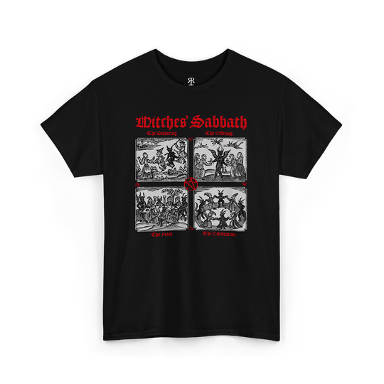 Black t-shirt showing medieval woodcuts of witches sabbath