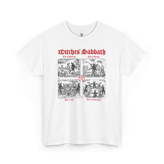 White t-shirt showing medieval woodcuts of witches sabbath