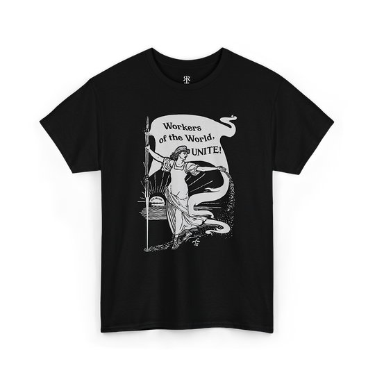 Workers of the World Unite T-shirt showing a woman holding a flag with the slogan ‘Workers of the World Unite, black