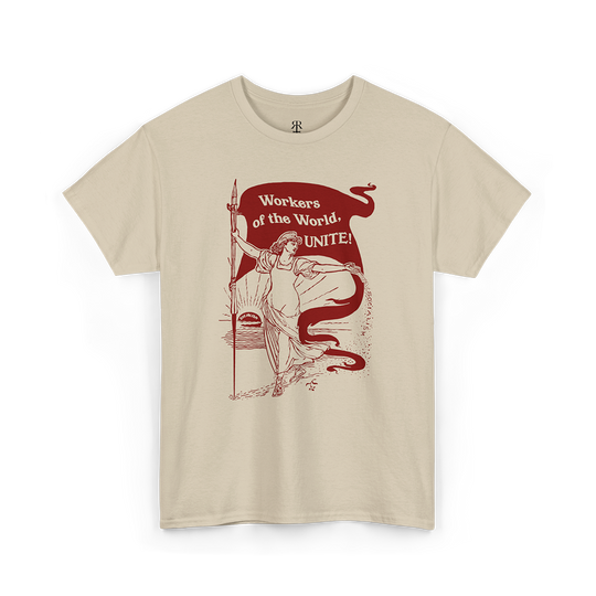 Workers of the World Unite T-shirt showing a woman holding a flag with the slogan ‘Workers of the World Unite, sand