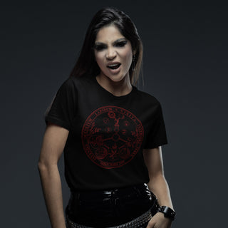 Woman wearing black Vitriol T-Shirt in red print