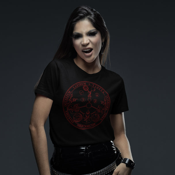Woman wearing black Vitriol T-Shirt in red print