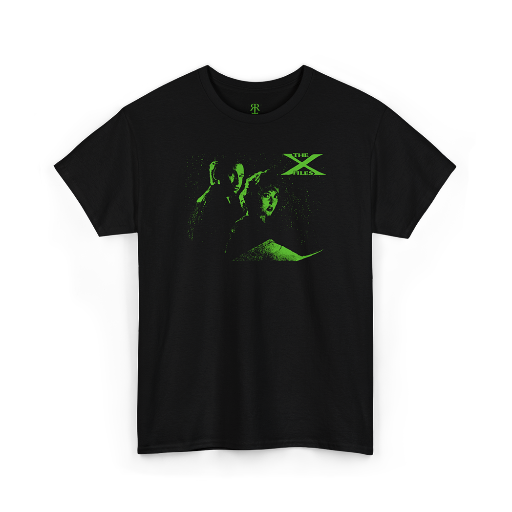 Bllack X-Files T-Shirt, green print, showing Mulder and Scully