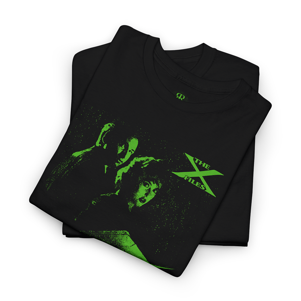 Bllack X-Files T-Shirt, green print, showing Mulder and Scully