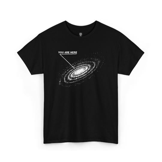 A black T-shirt with a graphic print of a galaxy and the text 'YOU ARE HERE' 