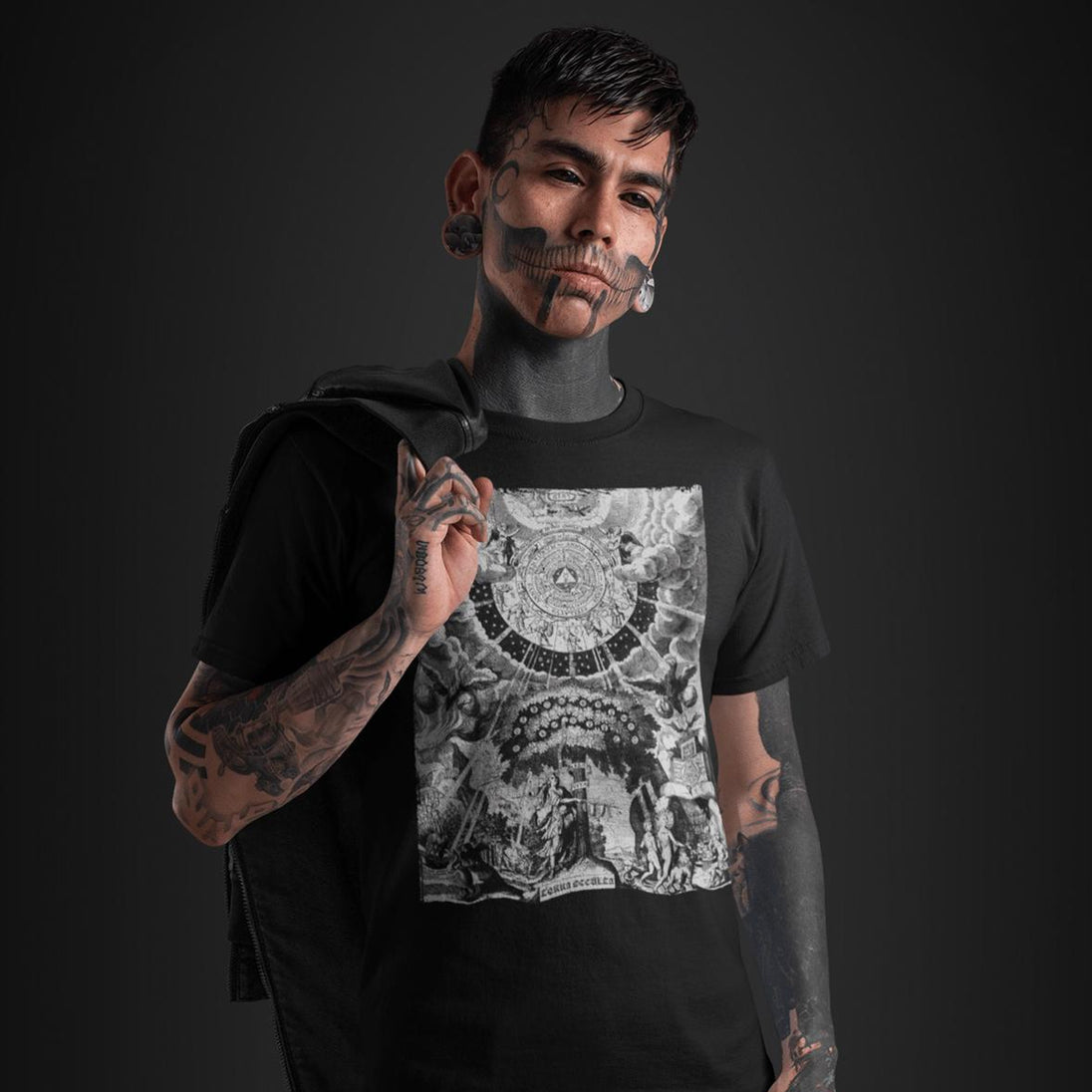 Tattooed man wearing Alchemical Tree of Life T-Shirt